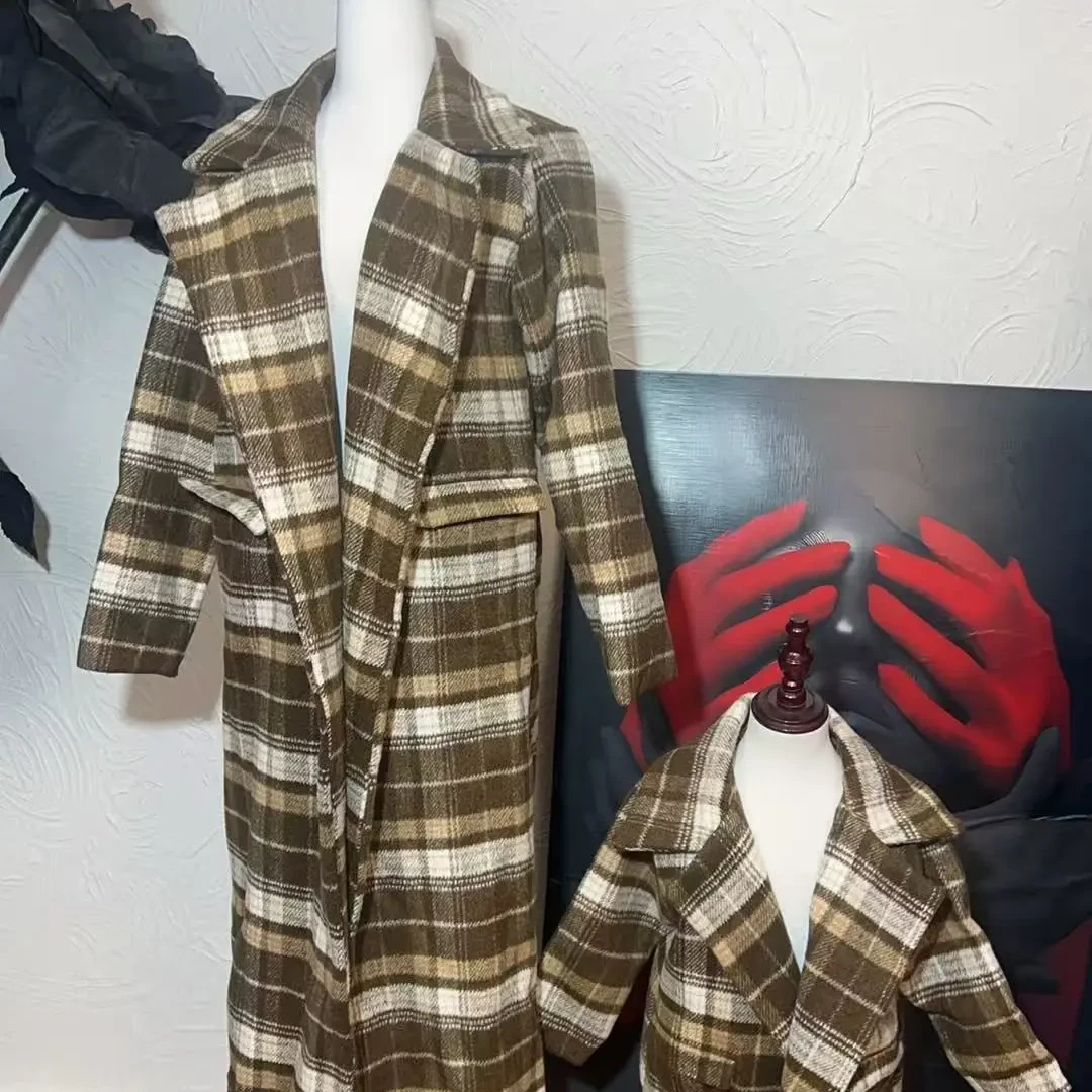 复古法式格纹翻领长款加棉外套秋冬气质通勤大衣