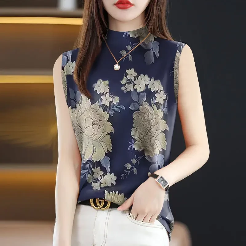 2025新款半高领背心T恤百搭时尚印花打底衫遮肚洋气春秋女士上衣