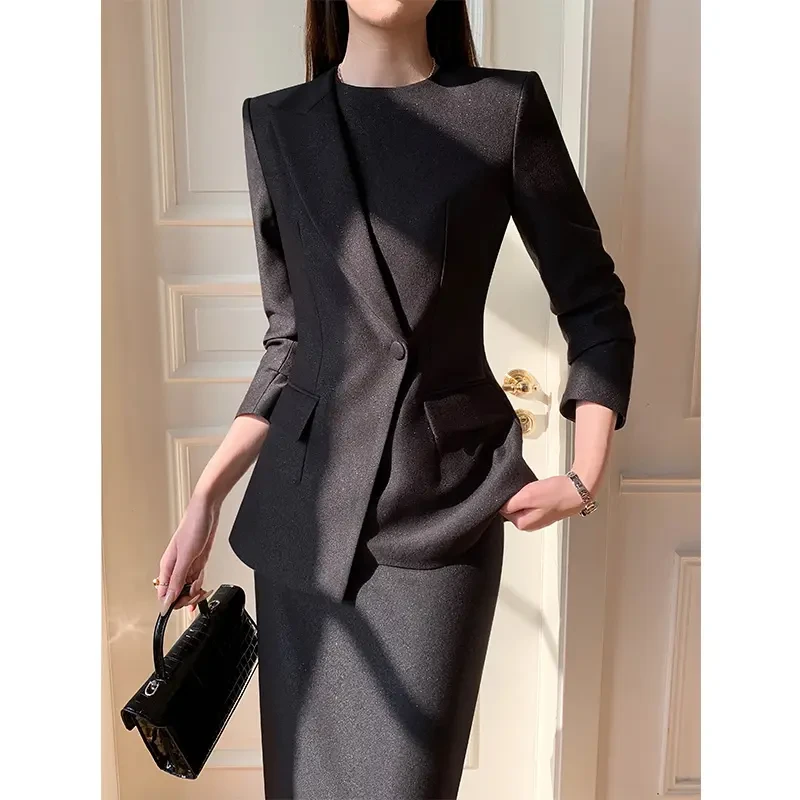 不对称设计个性套裙酷感御姐范儿黑色西装春秋季新款女宴会穿搭