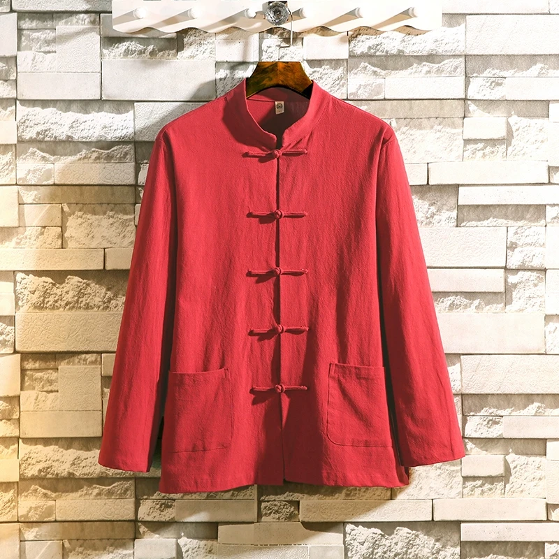中国风红色衬衫男长袖春秋季棉麻唐装新中式改良汉服茶服宽松外套