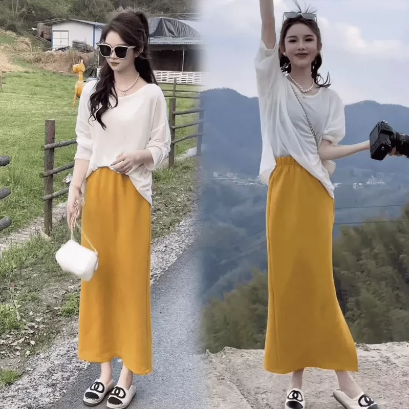 2025夏季女新款韩版休闲宽松薄款防嗮上衣搭显瘦开叉半身裙两件套