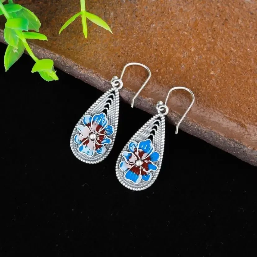 925银耳饰 中国风水滴烧蓝花耳环女复古宫廷牡丹花花丝耳饰耳钉