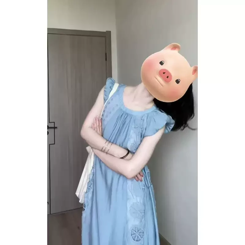 法式高级感蓝色小飞袖连衣裙女2025夏季新款小众设计感气质长裙子