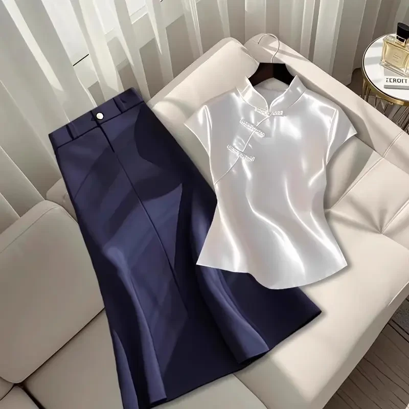 E146初夏穿搭一整套大码新中式国风盘扣上衣半身裙减龄高级套装女