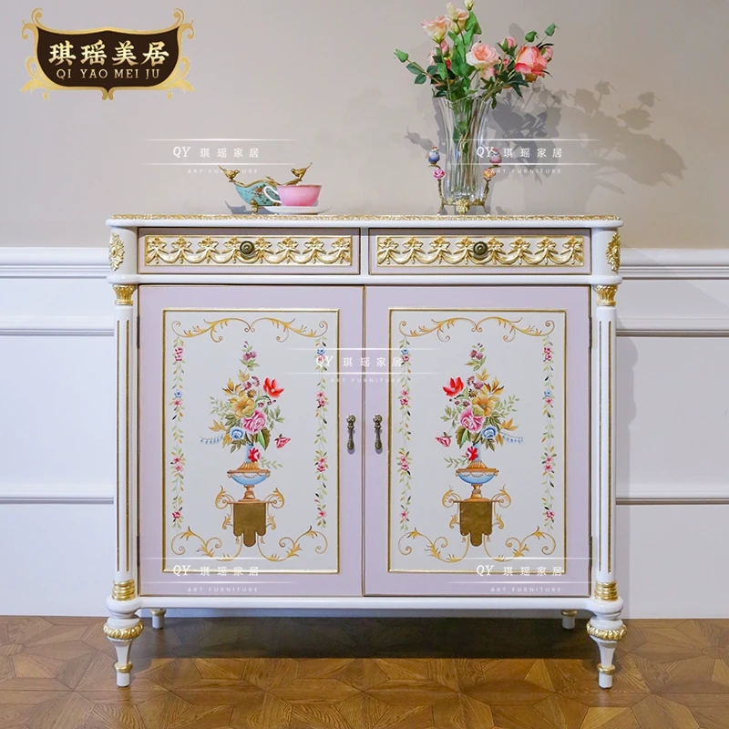 法式奢华彩绘花朵鞋柜欧式优雅紫色餐边柜走廊靠墙进门客厅玄关柜