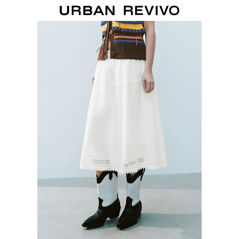 UR2025春季新款女装欧若风轻芭蕾风休闲松紧腰蕾丝半裙UYL550010