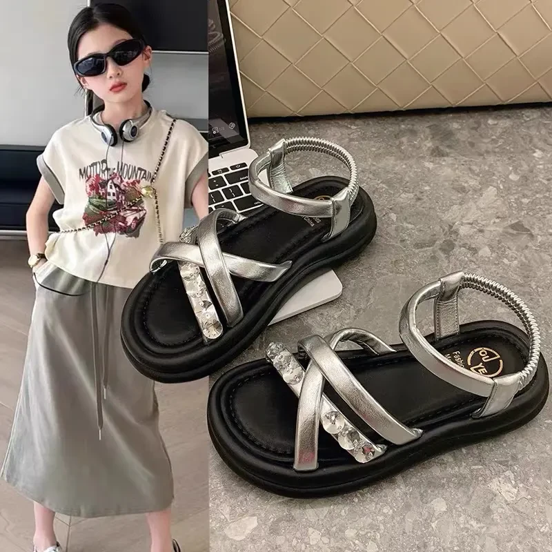 女童凉鞋2025夏季新款沙滩鞋女中大童女软底水钻凉鞋暑期百搭凉鞋