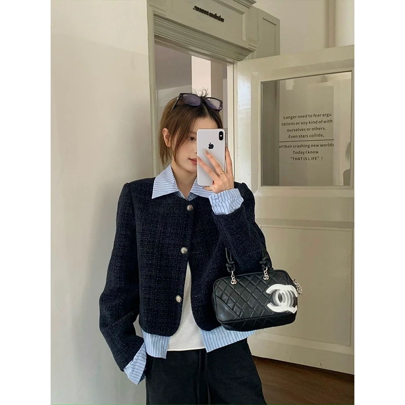 【年货捡漏】乌77假两件拼接小香风外套女高级气质小个子polo领上衣