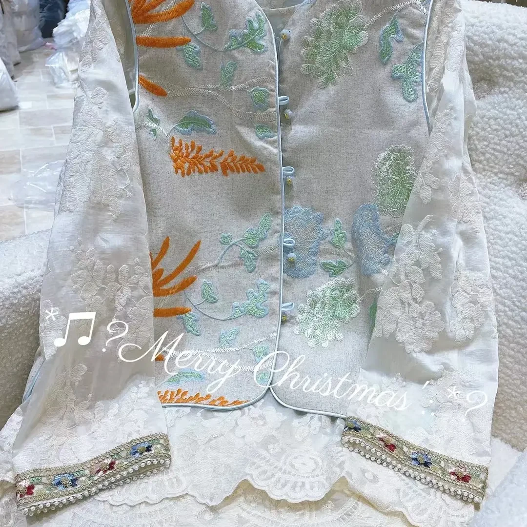 优雅女士棉麻刺绣马甲春秋