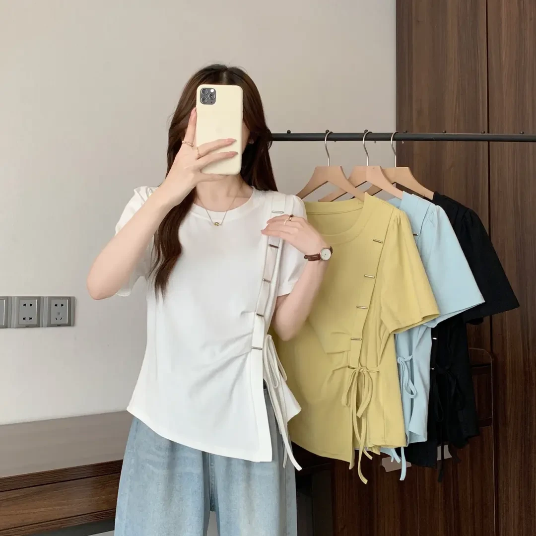 大码胖mm设计感正肩T恤2025夏季遮肚显瘦不规则开叉短袖上衣64523