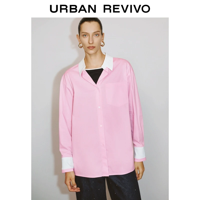 UR2025秋季新款女时尚设计感撞色拼接长袖开襟衬衫UWM250017