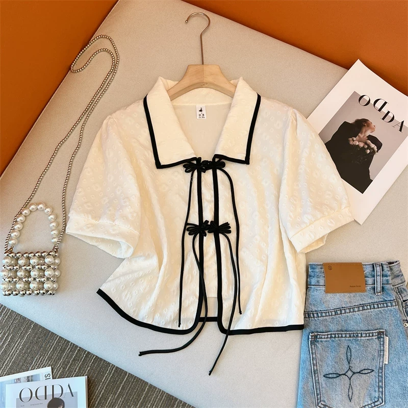 大码女装2025年夏季设计感雪纺衬衫短袖遮肚子显瘦新中式盘扣上衣