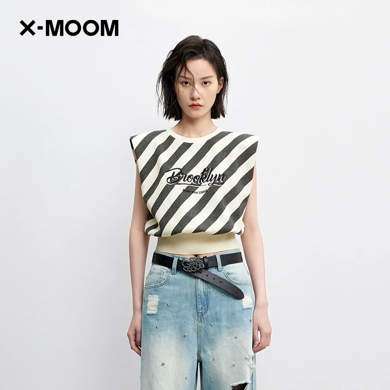 X--MOOM夏季新款斜条纹宽肩无袖上衣垫肩T恤女ZWXED20002