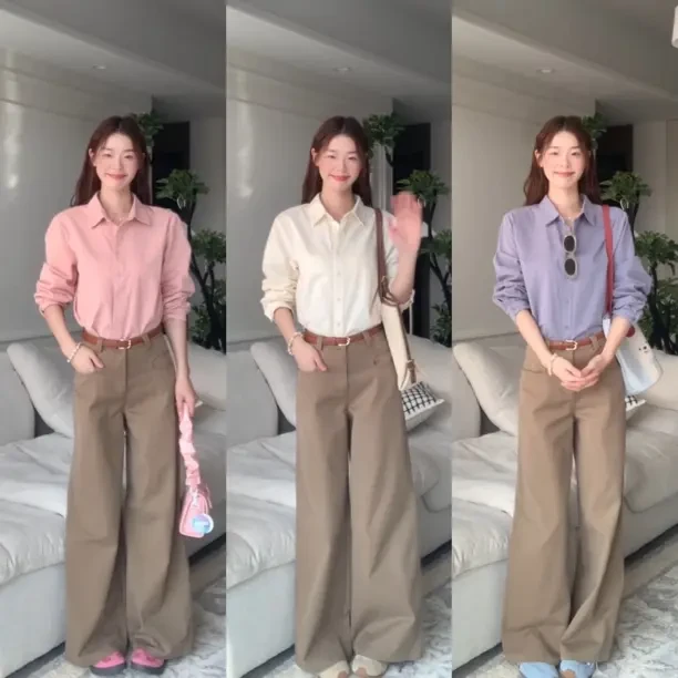 卡其色阔腿裤女2025春季新款高腰垂感宽松工装直筒裤子休闲拖地裤