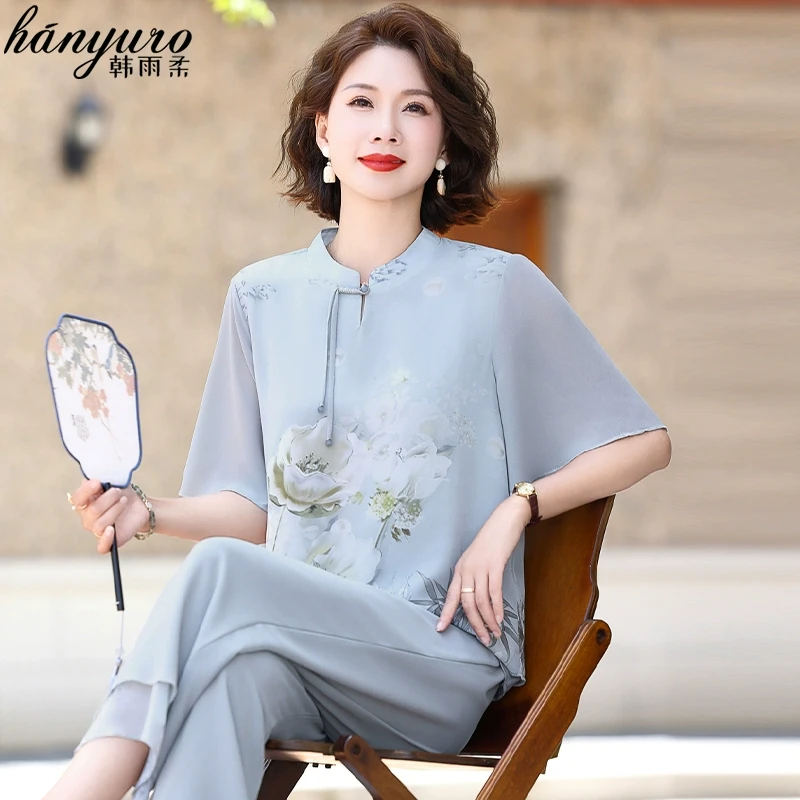 妈妈夏装套装气质新中式雪纺衫2025新款中老年女夏季短袖上衣小衫