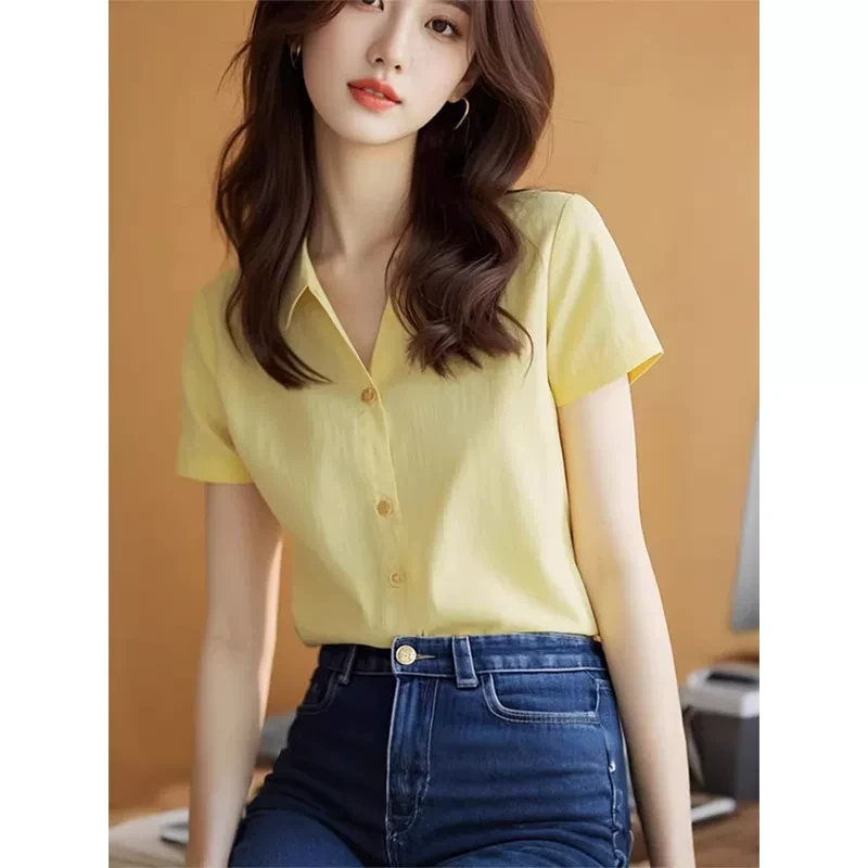 黄色短袖衬衫女2025夏季新款爆款小衫高级感独特漂亮法式气质上衣