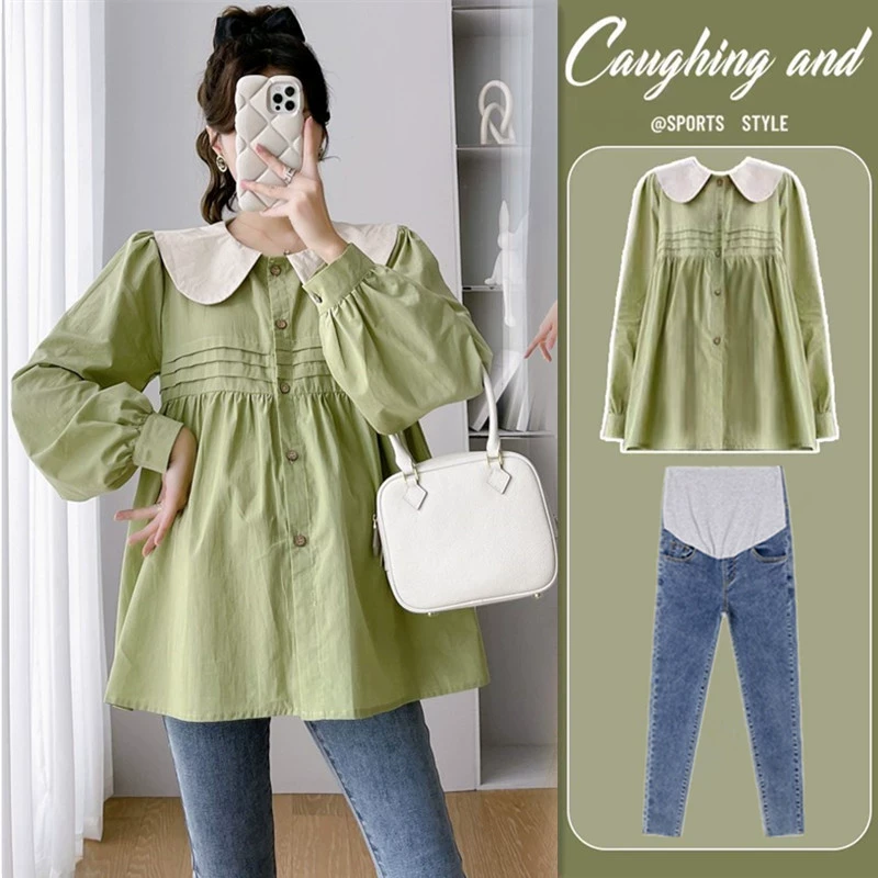 孕妇装秋装套装衬衣2024新款撞色娃娃领长袖百搭宽松衬衫上衣春秋