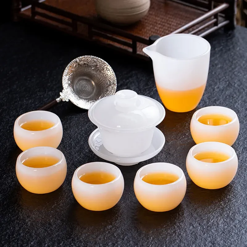 冰种琉璃手工茶具套装中式复古羊脂玉瓷茶具家用办公国风简约茶杯