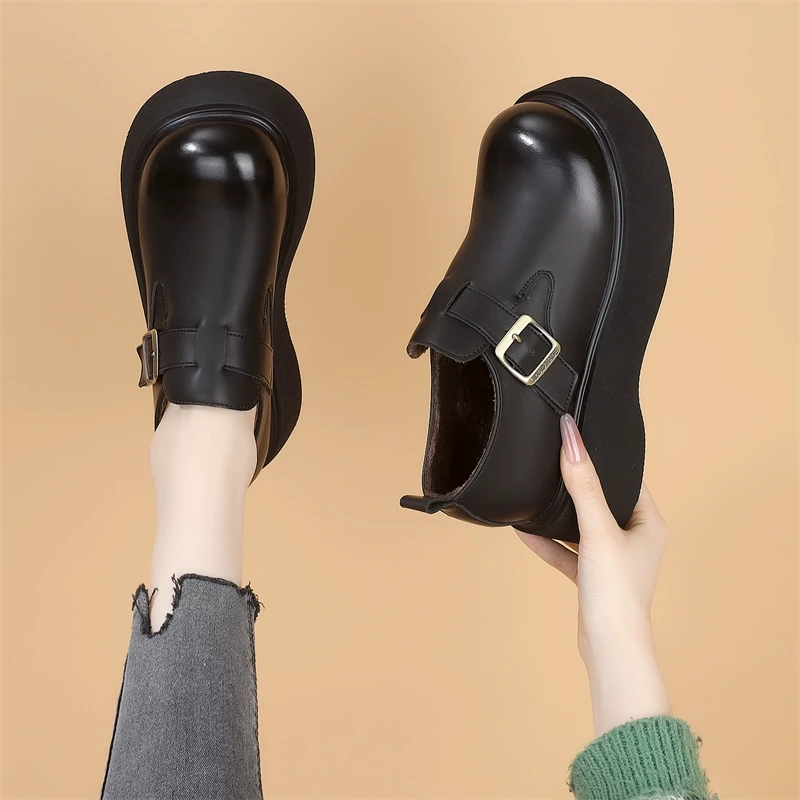 厚底显脚小乐福鞋女款2025春秋新款百搭增高一脚蹬二棉显瘦小皮鞋