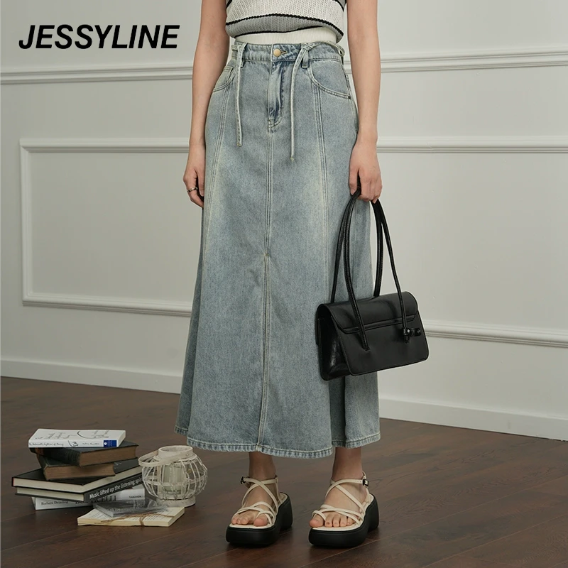 jessyline夏季新款 杰茜莱高腰a字牛仔半身裙 423112135