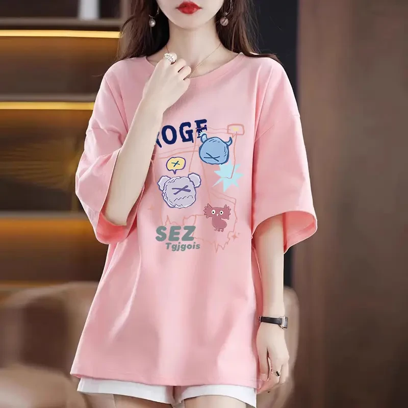 纯棉潮牌短袖t恤女2025新款爆款欧货大版中长款宽松ins欧美上衣服