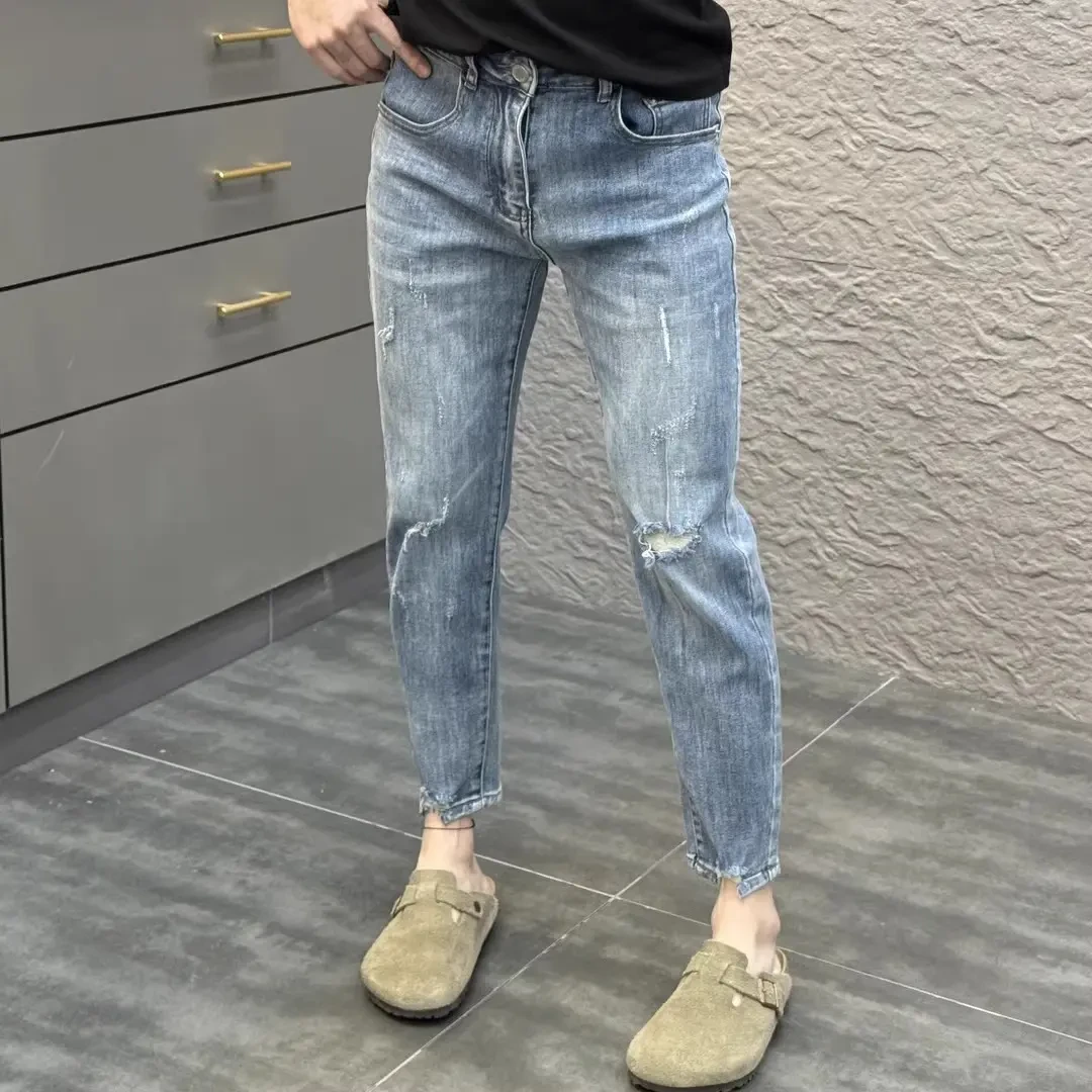 韩版修身破洞牛仔裤男士2025春夏潮流百搭乞丐裤显瘦秋季九分小裤