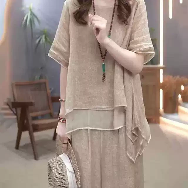 文艺复古天丝棉麻套装女2023夏季新民族风宽松显瘦遮肚气质两件套