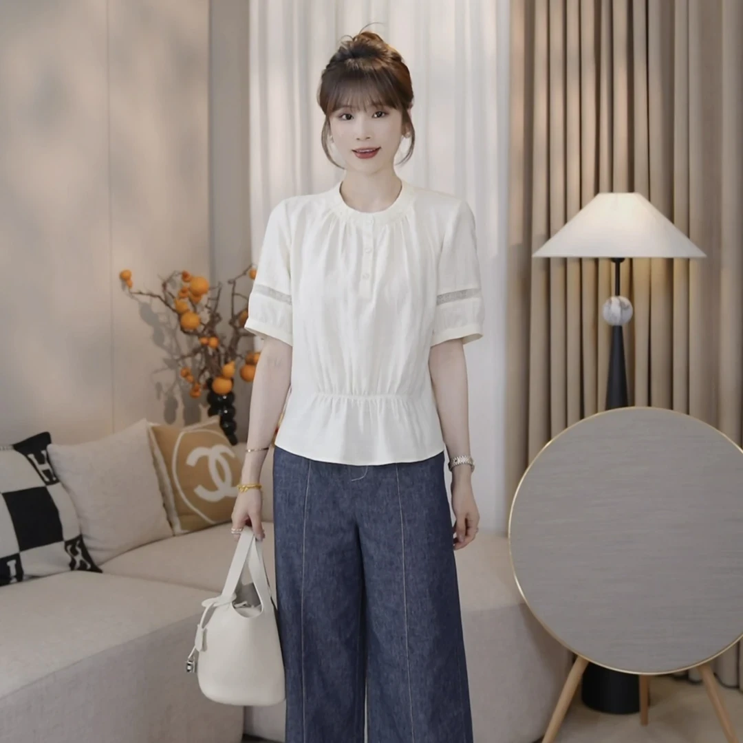 LMENY悠悠夏日~天丝麻圆领半纽扣薄款衬衫女气质显瘦时尚百搭小衫