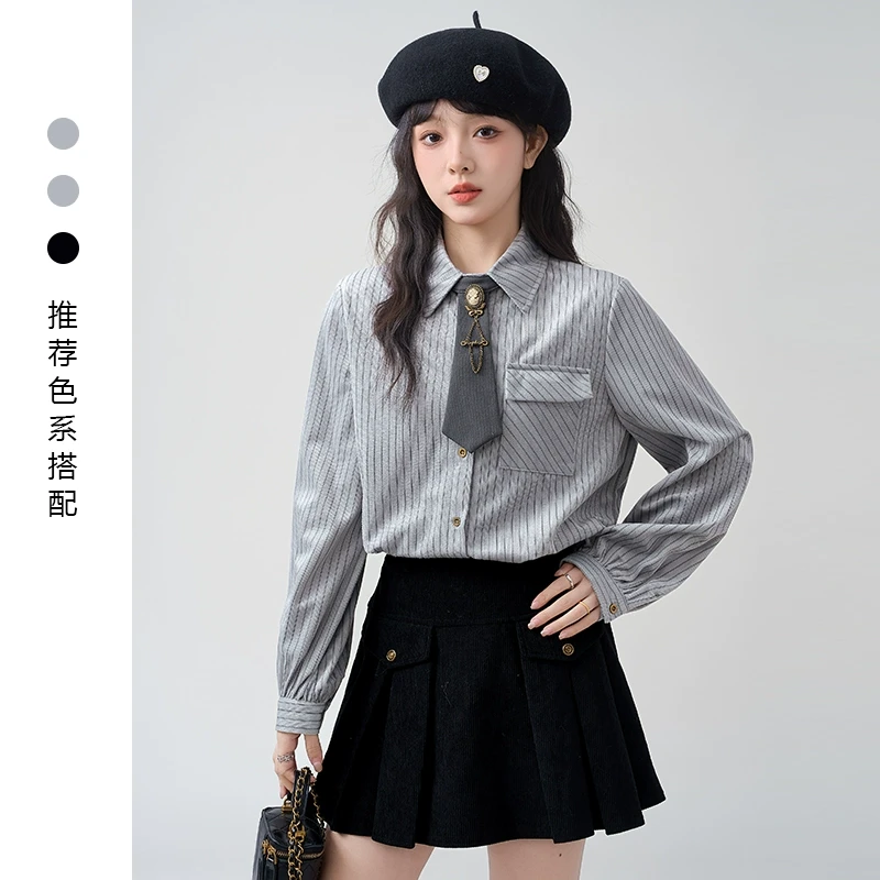 帛卡琪2025春秋新条纹长袖衬衫女学院风领带宽松百搭衬衣休闲上衣