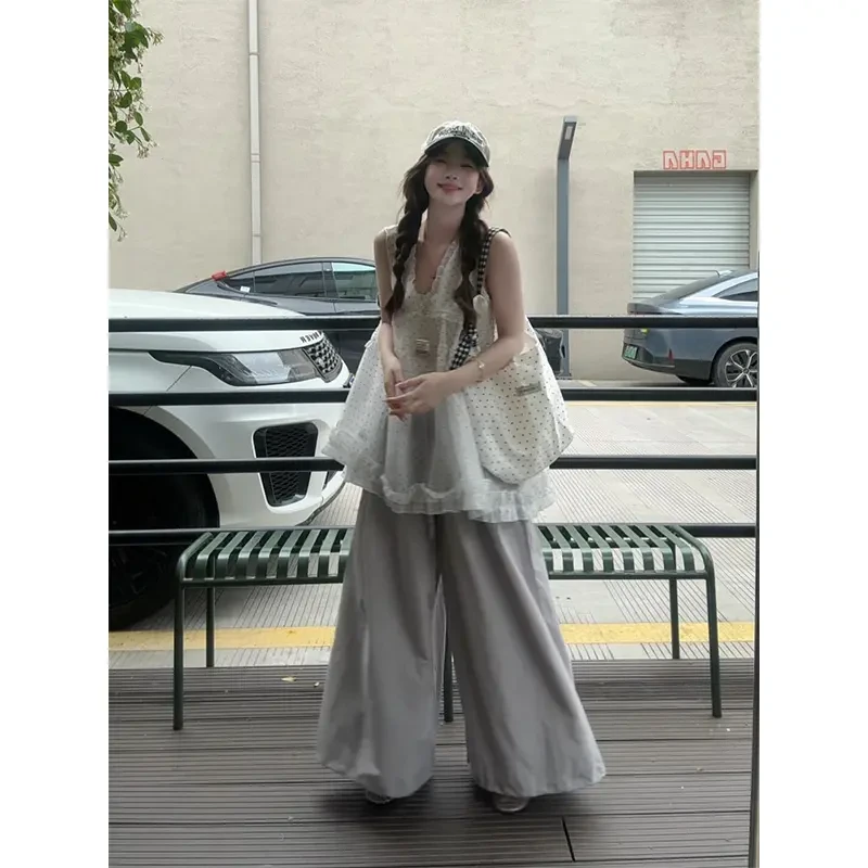 新款女士女款春夏季休闲宽松无袖衬衫上衣高腰休闲阔腿裤小裙子