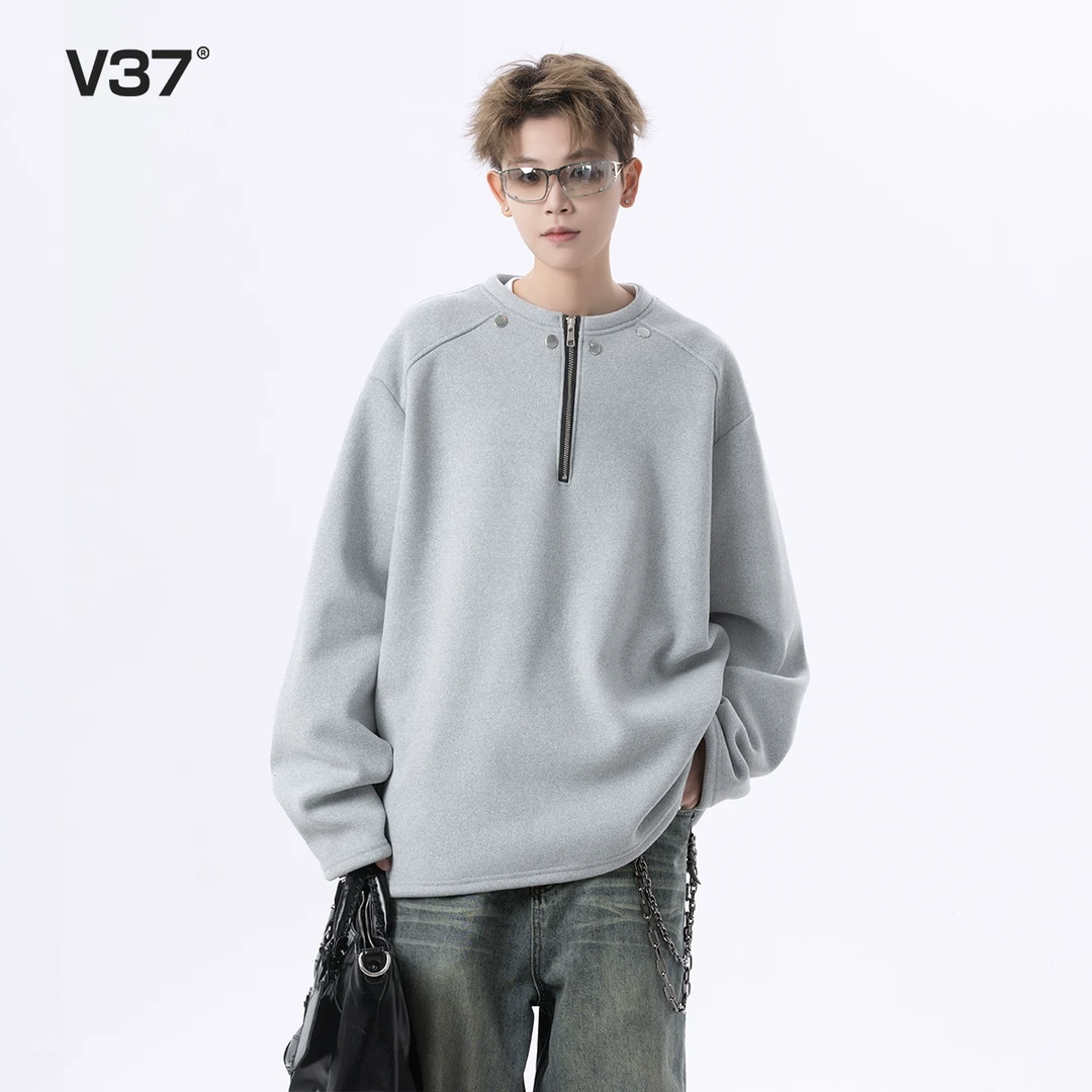 V37美式cleanfit卫衣男士春秋季新款高街潮牌宽松休闲半拉链外套