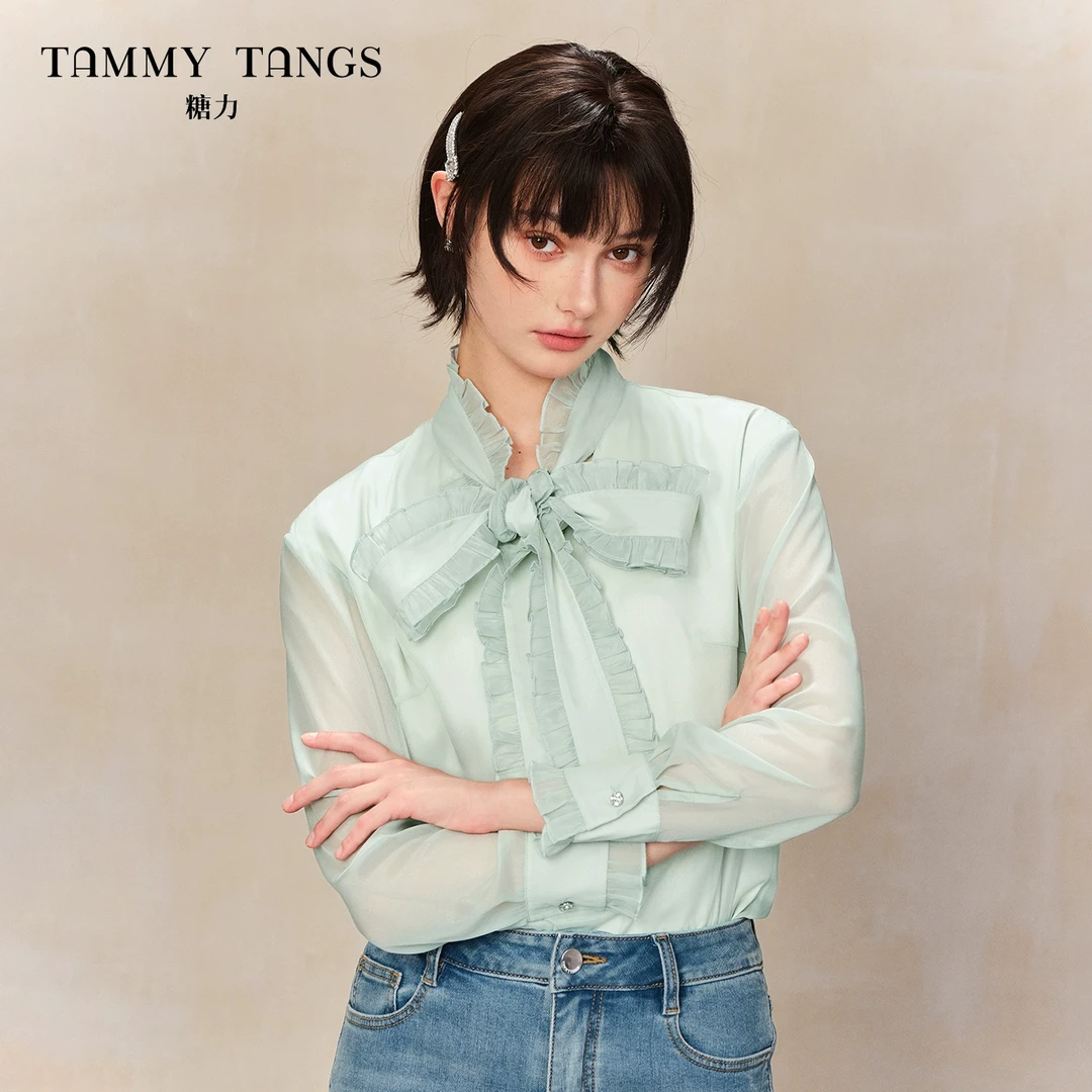 明星同款糖力 绿野仙踪衬衣 2025春新款长袖甜美欧根纱飘带衬衫女