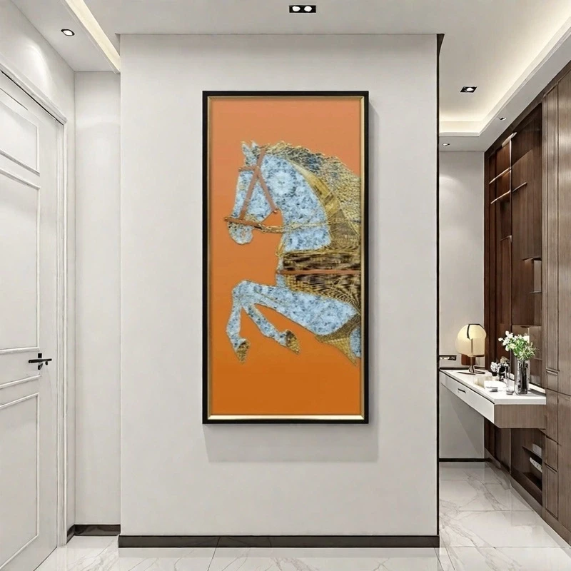 高奢立体实物装饰画纯手工装裱金帝丝编制玄关走廊战马黑金边框