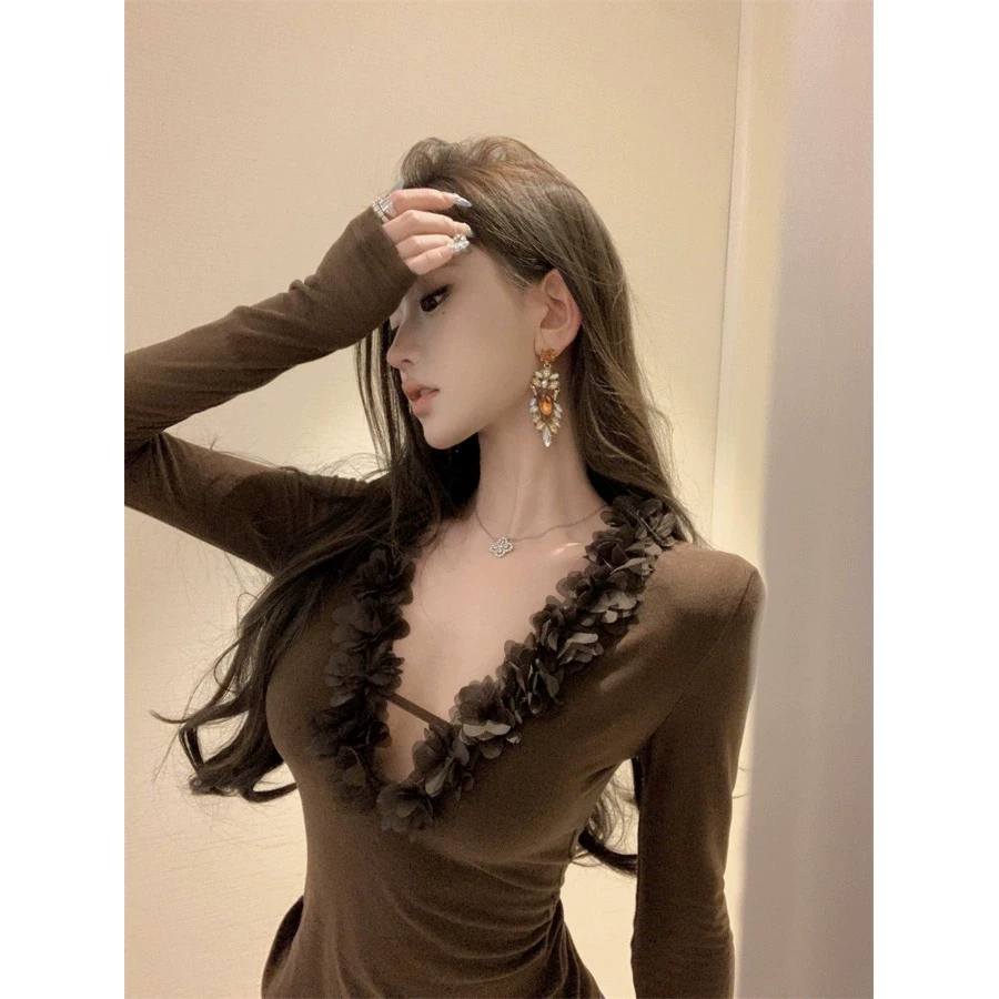 春秋新款纯欲辣妹深V领睡衣女修身显瘦内搭打底衫立体花边长袖T恤