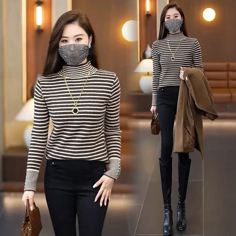 【秋冬推荐】仿水貂绒毛衣条纹半高领针织衫时尚上衣百搭休闲保暖