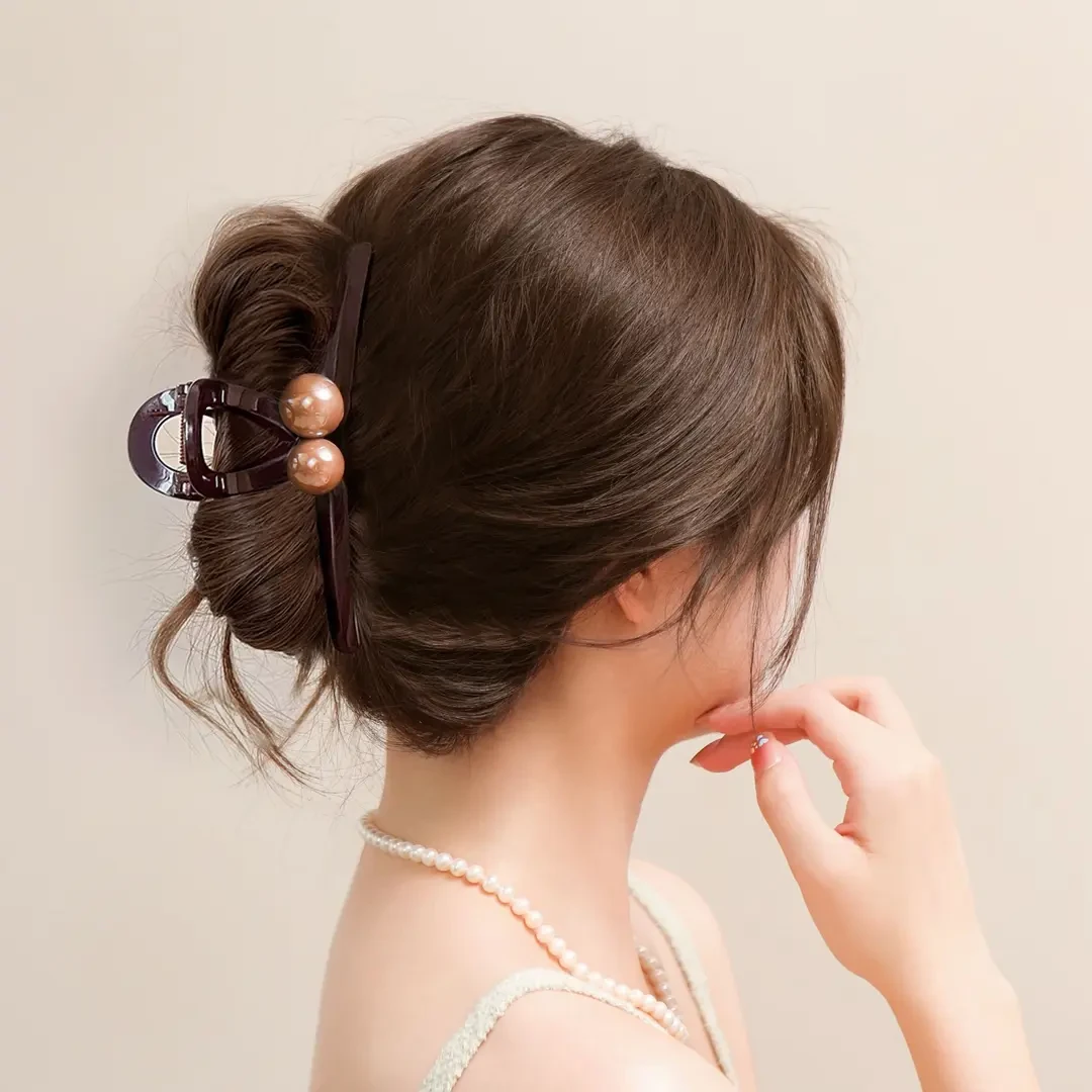 复古咖色珠珠新款后脑勺盘发大号鲨鱼夹发夹后脑勺抓夹上班族百搭