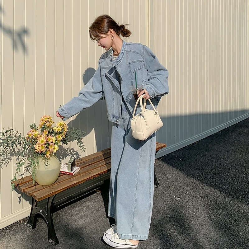 韩系浅蓝色复古高级感牛仔套装女2025春新款休闲减龄阔腿裤两件套