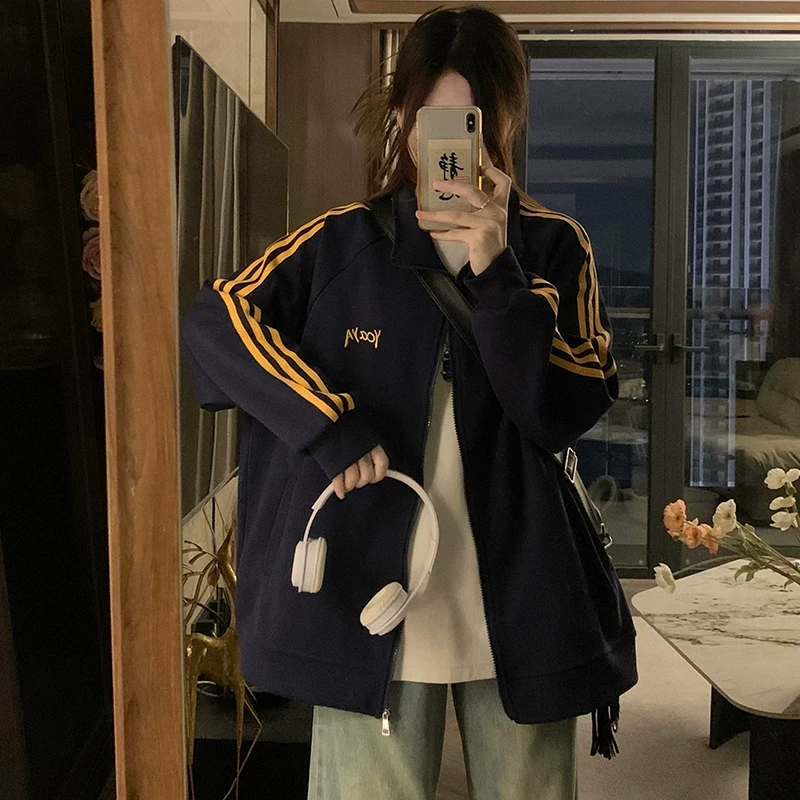 美式复古三条杠立领卫衣外套女春秋薄款加厚设计高级感开衫棒球服