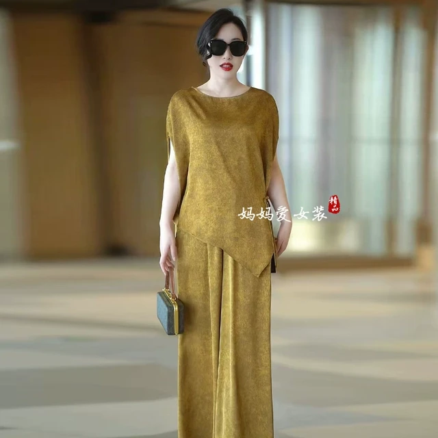 夏复古国风大码高级感真丝不规则上衣宽松阔腿裤高端气质两件套装