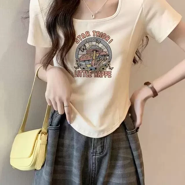 正肩短袖恤女夏季洋气百搭设计感小众不规则修身显瘦方领上衣潮