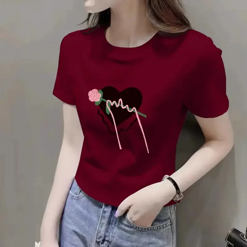 正肩显瘦短袖T恤女夏季时尚洋气爱心印花体恤衫百搭修身大码上衣