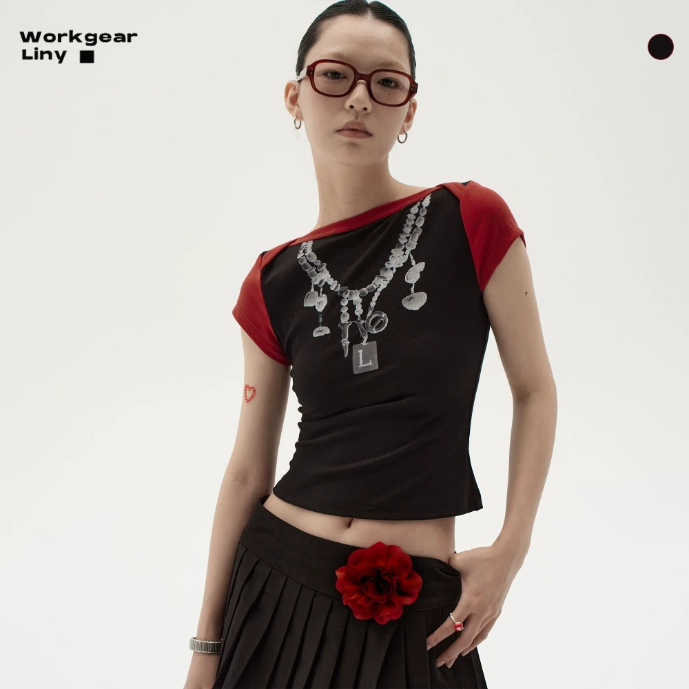 LINY LIBERTY 24SS 复古印花T恤女修身短款显瘦上衣