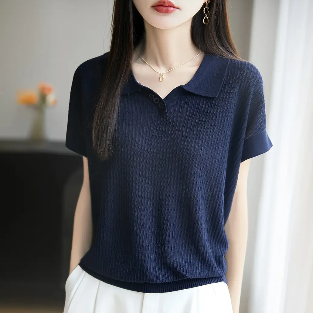 哥弟阿玛施正品夏季新款针织衫女短袖T恤女洋气显瘦时尚翻领上衣