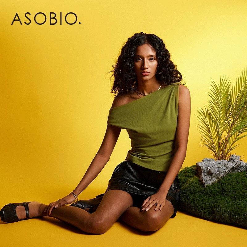 Asobio斜领针织短袖T袖法式休闲纯色露肩一字领上衣598