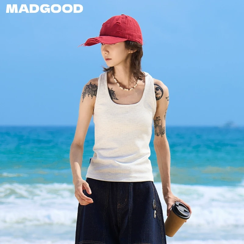 madgood马得工地日系夏季针织高弹U型领肌理纯色修身背心BX12001