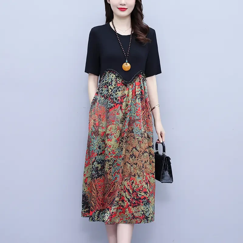 高端大气时尚印花拼接宽松裙子女2025夏装新款大码洋气休闲连衣裙