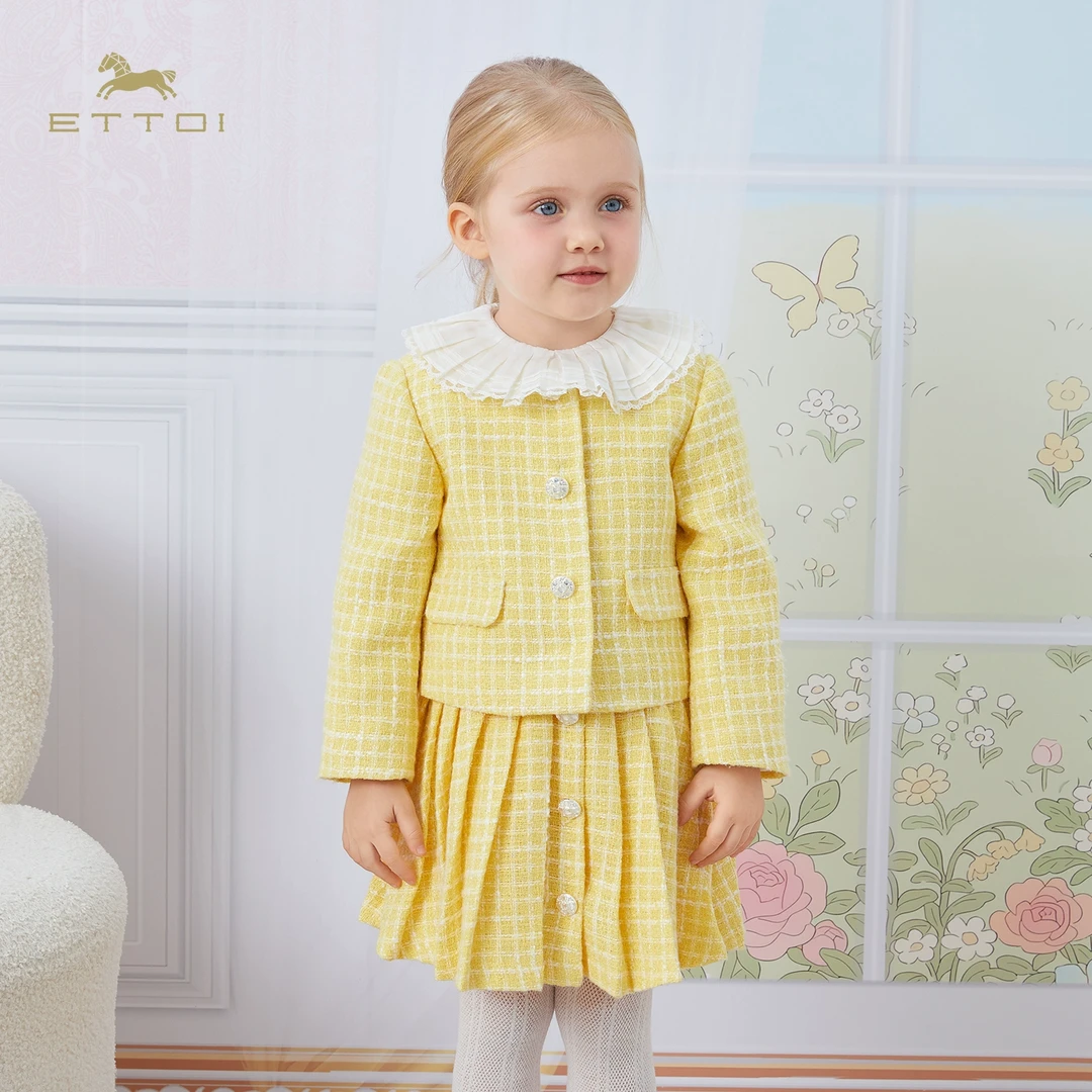 ETTOI爱多娃女童柠檬黄色小香风套装2025新款儿