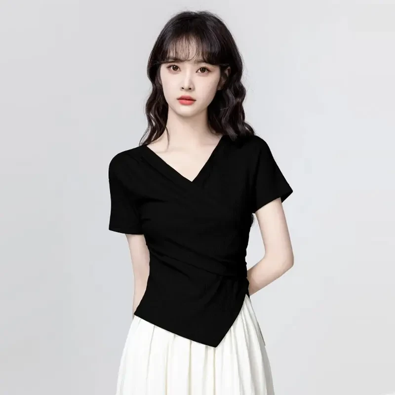 夏季气质交叉V领短袖T恤不规则百搭精致正肩半袖时尚黑色小衫ins