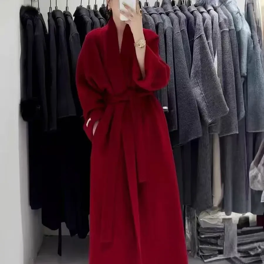 秋冬新款红色双面羊毛长款浴袍式女韩版宽松气质大衣