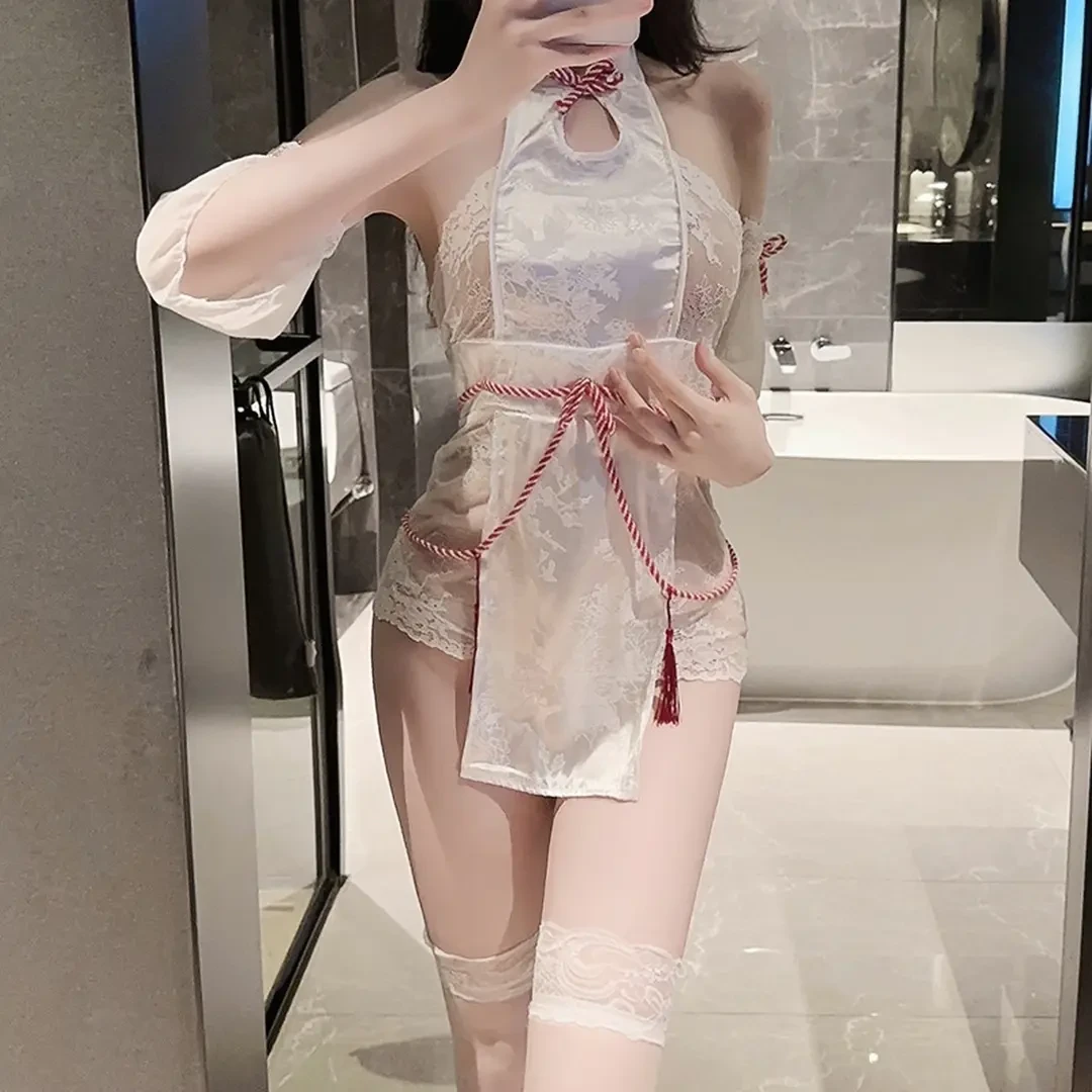 新款复古性感镂空纯欲旗袍制服气质包臀睡衣蕾丝露背显瘦薄款睡裙